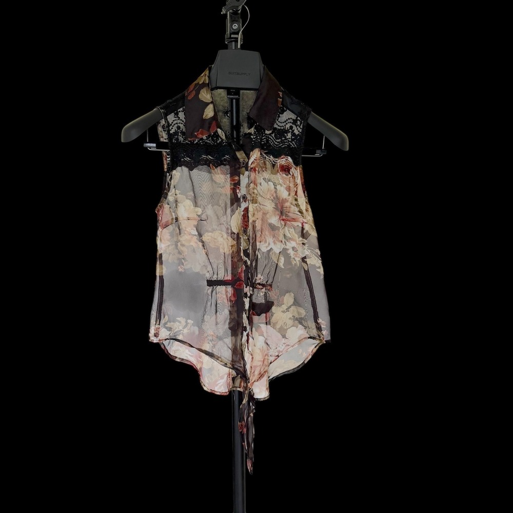 Y2K Wet Seal Boho Floral Sheer Lace Sleeveless Tie Front Button Blouse Brown Sm